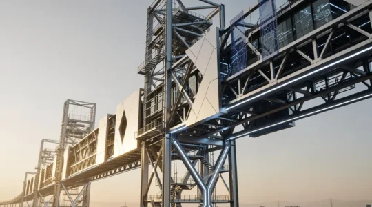 Vue abstraite et photoréaliste d'une structure architecturale numérique en cours de rénovation, symbolisant la refonte d'un site web critique.