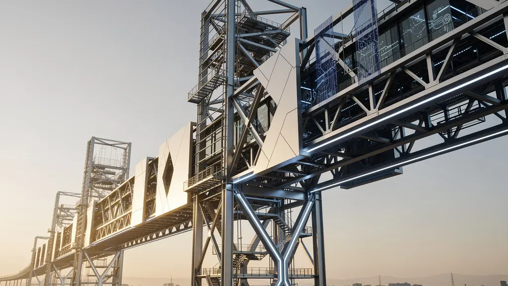 Vue abstraite et photoréaliste d'une structure architecturale numérique en cours de rénovation, symbolisant la refonte d'un site web critique.