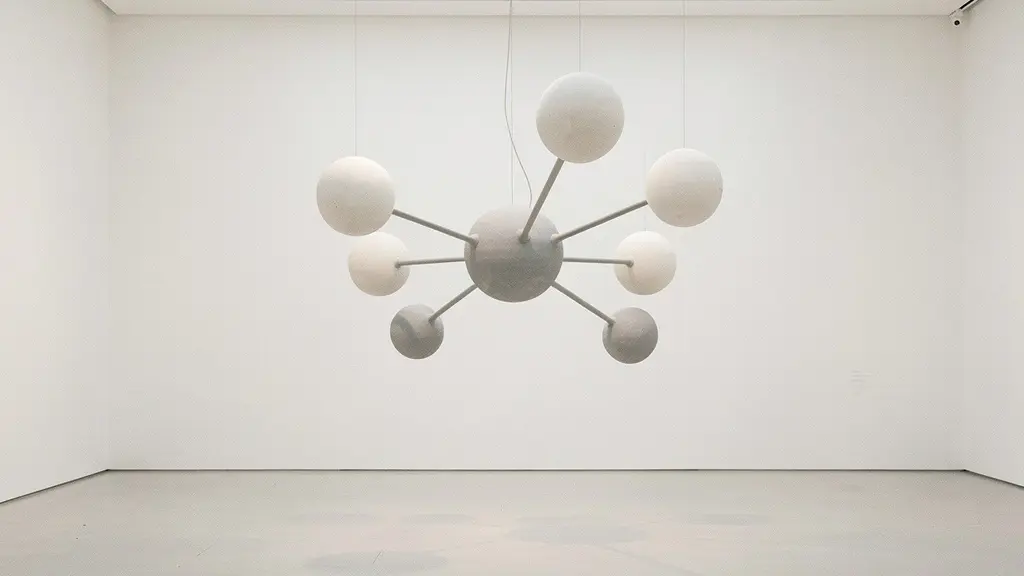 Installation minimaliste d’objets reliés entre eux, métaphore d’un graphe d’entités et de relations.