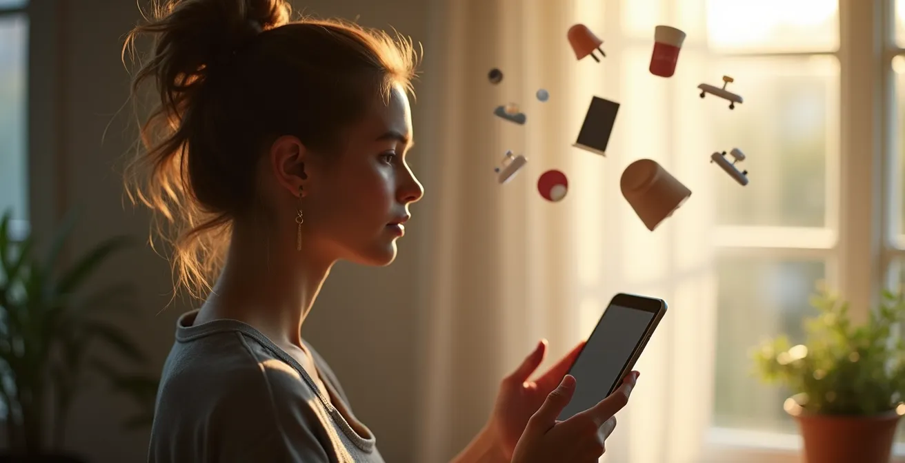 Personne contemplative regardant des formes de produits abstraites, symbolisant une décision d'achat réfléchie et non forcée.