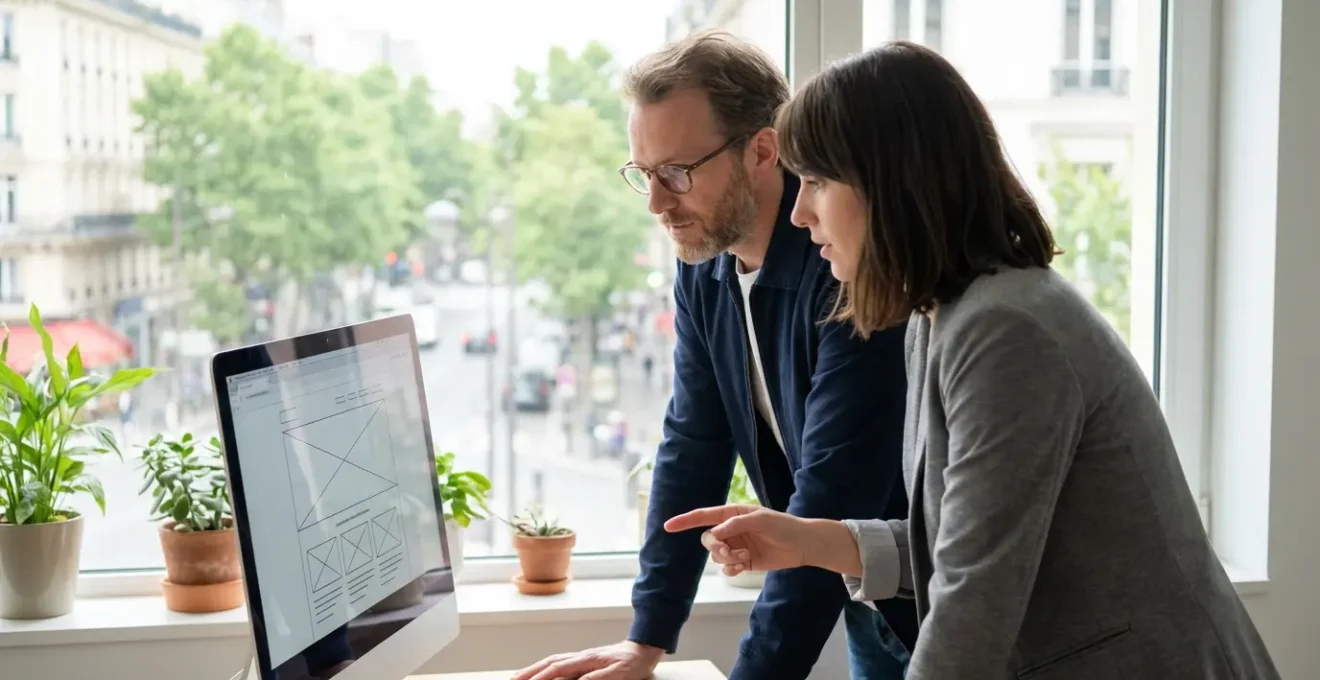 Consultant web et dirigeante TPE consultant un site internet en réunion de travail