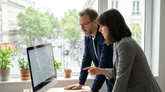 Consultant web et dirigeante TPE consultant un site internet en réunion de travail