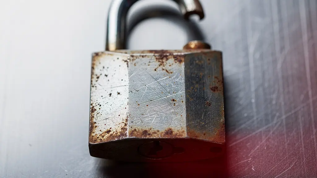 Cadenas rouillé et entrouvert posé sur une surface métallique froide, symbolisant la fausse sécurité d'une sauvegarde locale non externalisée