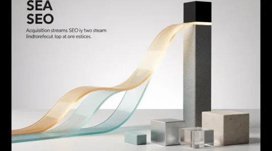 Composition editoriale realiste montrant deux flux distincts qui convergent vers un meme sommet, symbolisant la synergie SEA et SEO sans aucun element d interface