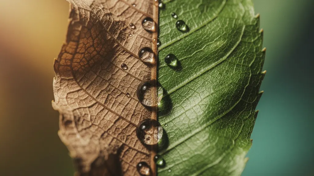Vue rapprochee de gouttes d'eau tombant sur une feuille seche qui reverdit progressivement, metaphore de la maturation d'un prospect froid par une sequence d'emails