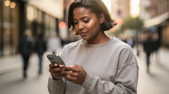 Utilisateur consultant son smartphone dans un environnement urbain animé avec une interface mobile fluide