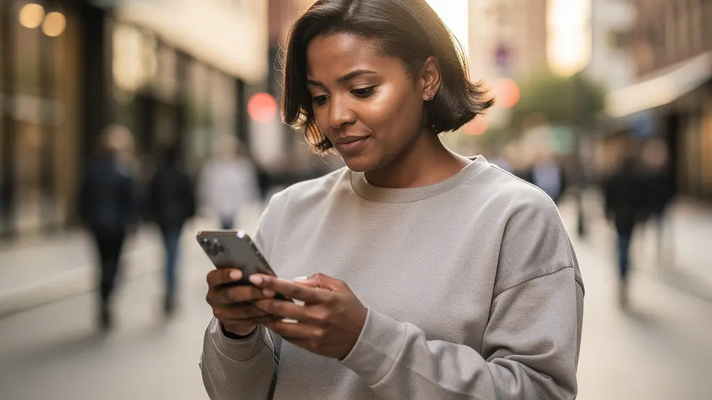 Utilisateur consultant son smartphone dans un environnement urbain animé avec une interface mobile fluide