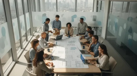 Vue aérienne d'un bureau moderne avec équipe technique en collaboration autour de documents de spécifications