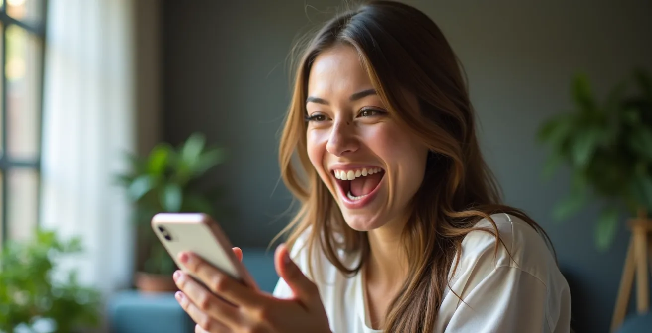 Portrait d'une personne tenant un smartphone avec expression engagée et geste naturel de présentation