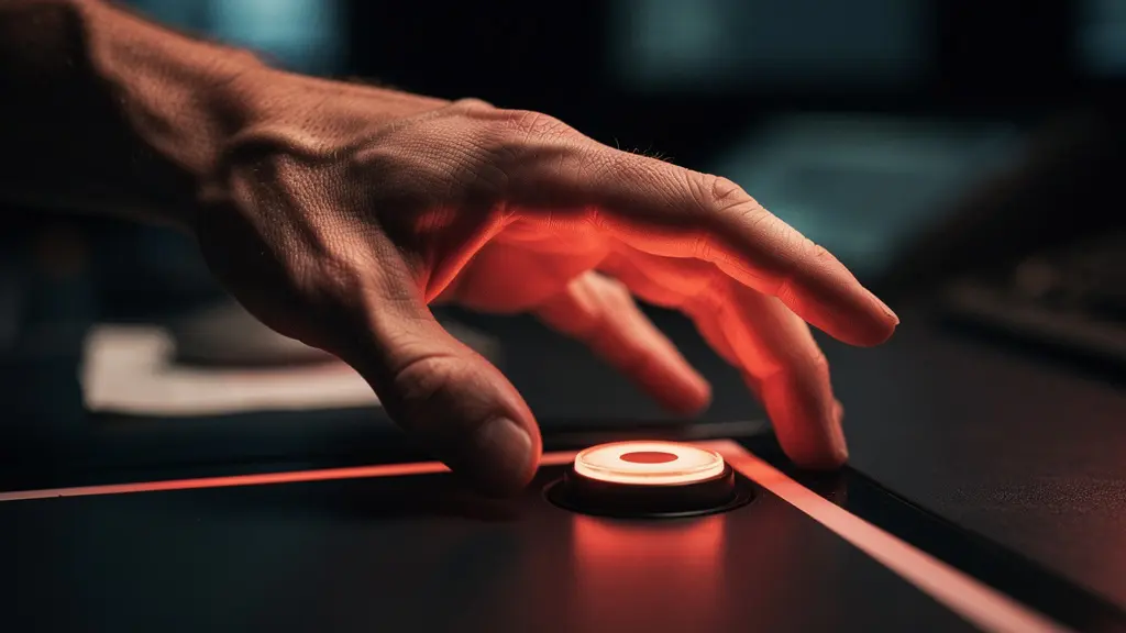 Vue rapprochée d'une main humaine interagissant avec une surface de contrôle abstraite, symbolisant la vigilance.