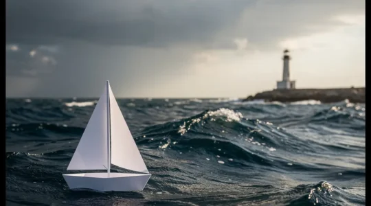 Scène métaphorique d’un site web qui traverse une tempête, symbole de la volatilité des Core Updates et de la résilience SEO.