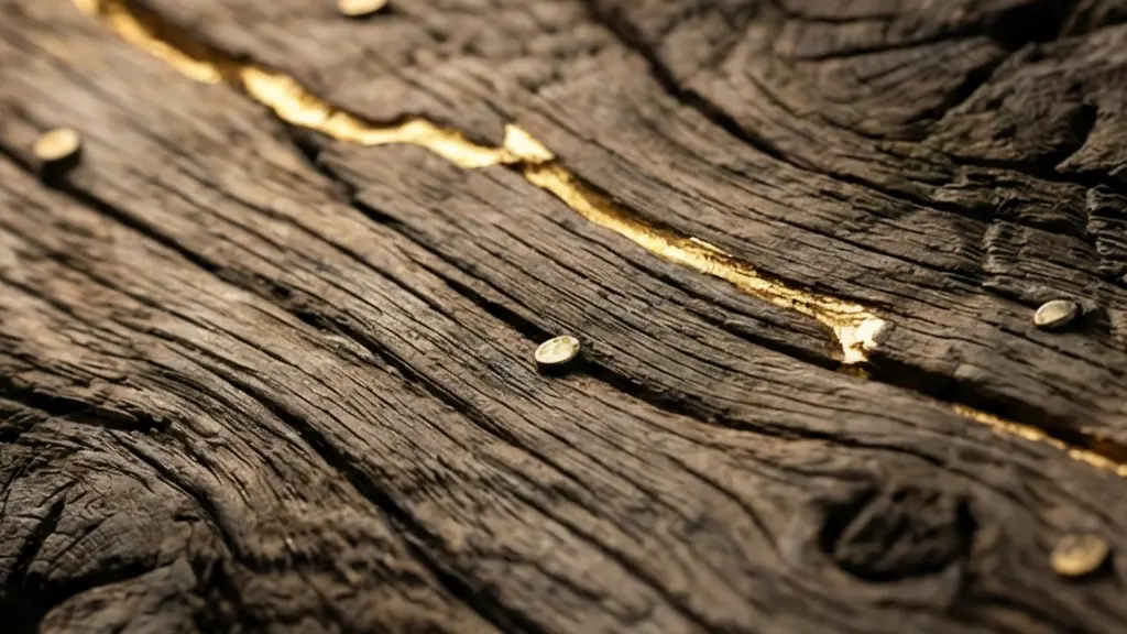 Ligne du temps sculptée dans du bois brut avec des noeuds et marques visibles, symbolisant les épreuves et la résilience d'une histoire d'entreprise