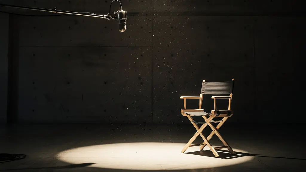 Plateau de tournage minimaliste baigné dans une lumière contrastée, avec un micro-cravate et une chaise vide suggérant le début d'un récit captivant