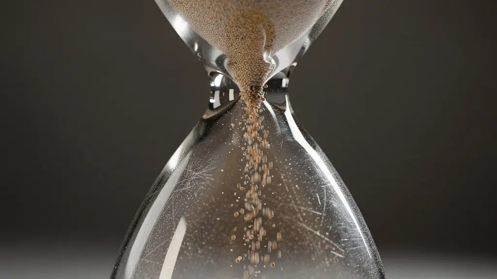 Gros plan macro sur un sablier dont le sable forme des amas et s'écoule difficilement, symbolisant une réponse serveur lente et une expérience post-clic dégradée.