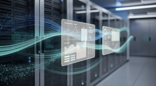 Infrastructure serveur moderne avec tableaux de bord de performance affichant des métriques en temps réel