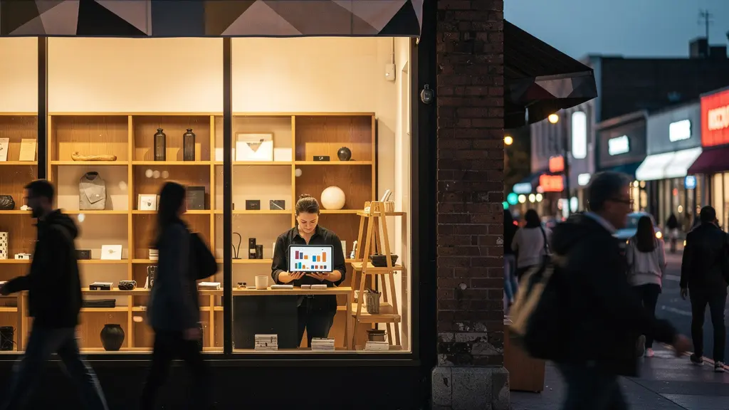 Commerce local avec smartphone affichant carte interactive et notifications d'avis clients